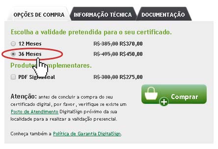 Página da certificadora selecionando um produto